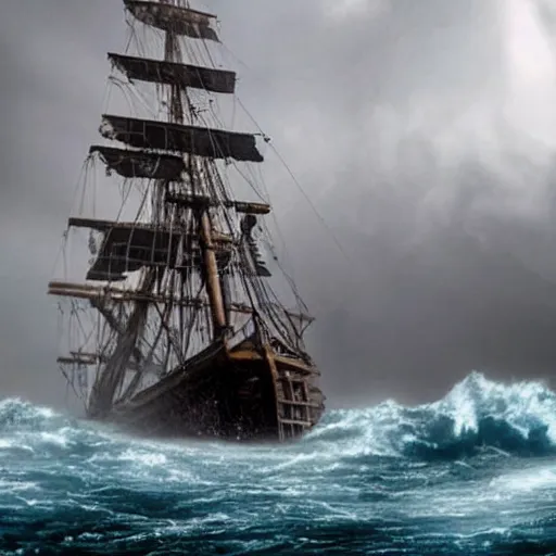 Image similar to tall ship with ripped sails caught in giant whirlpool in a hurricane. pirates of the caribbean 4 k