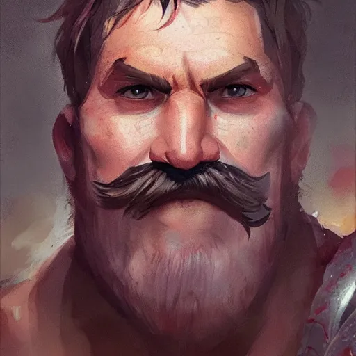 Image similar to portrait old barbarian warrior with trucker mustache and short hair, 8 k, trending on art station, by tooth wu and greg rutkowski