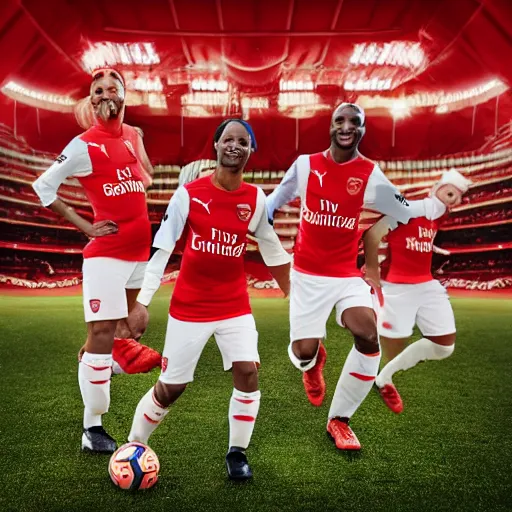 Image similar to a promo portrait of hot dogs in arsenal soccer jerseys playing football, happy,