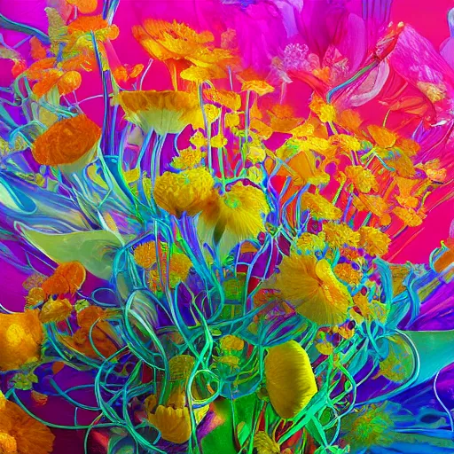 Prompt: a bouquet of ethereal big colorful transparent entangled flowers, direct sunlight, glowing, vivid, detailed painting, soft Houdini algorhitmic pattern, by Ross Tran, WLOP, artgerm and James Jean, masterpiece, award winning painting