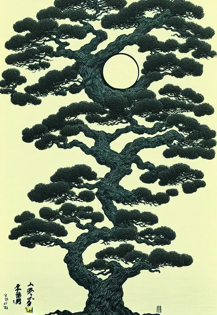 Image similar to prompt: white Bonsai tree roots merging into big moon drawn by Rene Magritte, Japanese woodblock print style, clean ink detailed line drawing, intricate detail, manga 1990