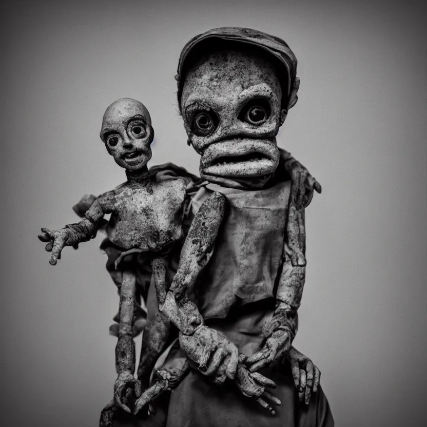 Image similar to creepy ventriloqiest dummy in the style of Roger Ballen, 4k, bw, portrait