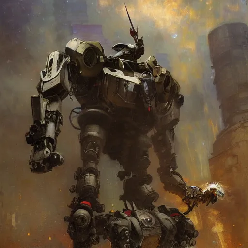 Image similar to six meters tall mech fighting in an urban environment, epic action scene, by gaston bussiere craig mullins jc leyendecker gustav klimt artgerm greg rutkowski john berkey, bergey, craig mullins, ruan jia, raymond swanland, jeremy mann, tom lovell, alex malveda