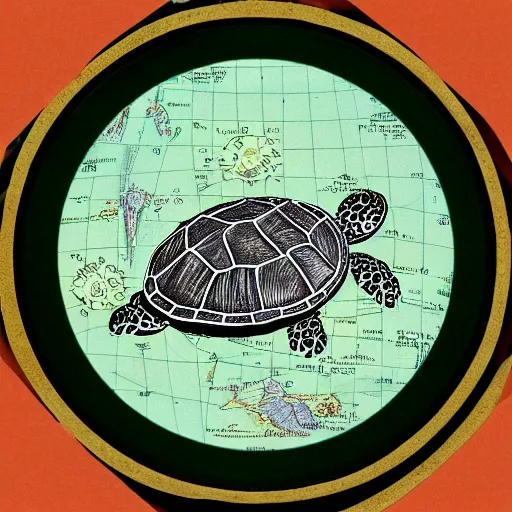 Image similar to a stack of turtles, turtles stacked beneath a round disc with a map of earth, side view