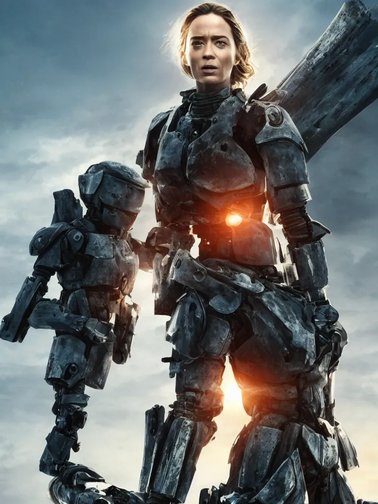 Image similar to emily blunt in futuristic power armor, standing on a hill, holding a sword, edge of tomorrow, angel of verdun, sunset