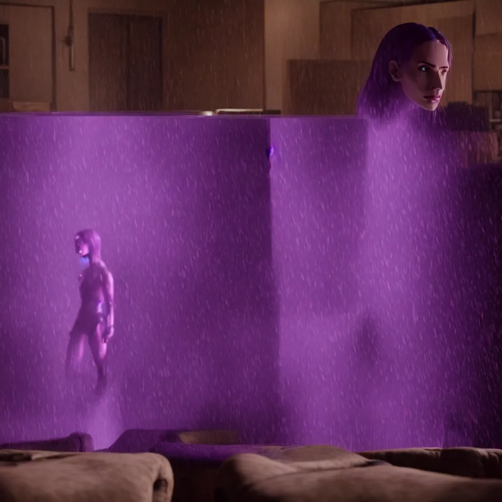 Image similar to cinestill of a giant hand made of purple wax float through the living room film still from the movie directed by denis villeneuve with art direction, pouring rain menacing lights shadows, 8 k, hd, high resolution, 3 5 mm, f / 3 2, ultra realistic faces, ex machina