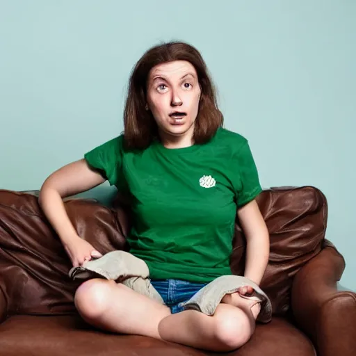 Image similar to a sad woman with brown hair in a green t - shirt wearing blue denim shorts sitting on a brown sofa. she has given up on her fantasy football team