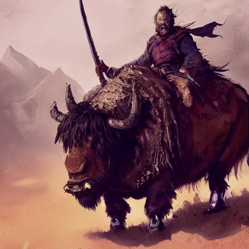 Image similar to Walter white as a dark fantasy warrior riding an armored yak, made by Greg Rutkowski