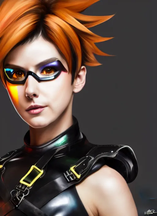 Image similar to hyperrealistic style portrait of tracer overwatch, confident pose, wearing black iridescent rainbow latex, 4 k, expressive happy smug expression, makeup, in style of mark arian, wearing detailed black leather collar, wearing sleek armor, black leather harness, expressive detailed face and eyes,