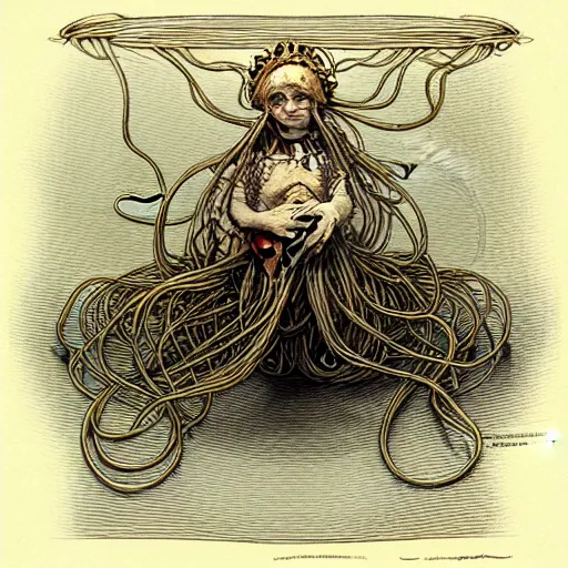 Image similar to design, human flying spaghetti monster, borders, lines, decorations, muted colors, by jean - baptiste monge