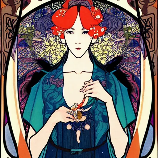 Prompt: beautiful drawaing in style of Mucha, Yasunari Ikenaga, Yamato, Macross, made by burning lava