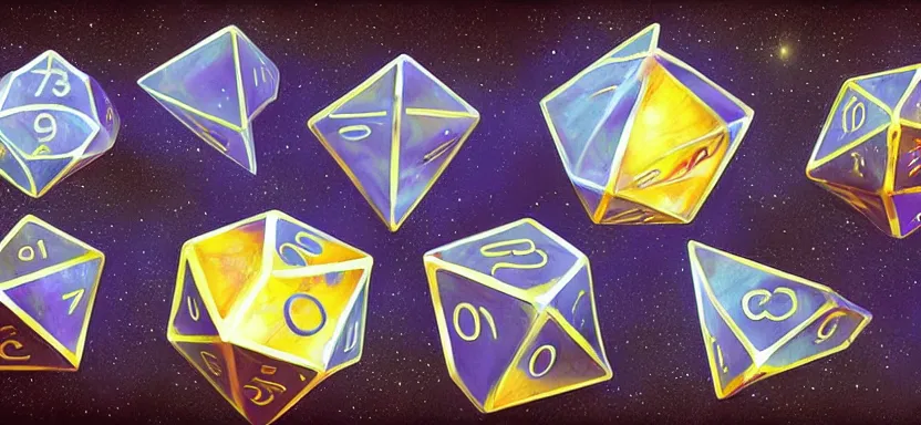 Prompt: planets shaped like polyhedral dice, digital art, extreme detail