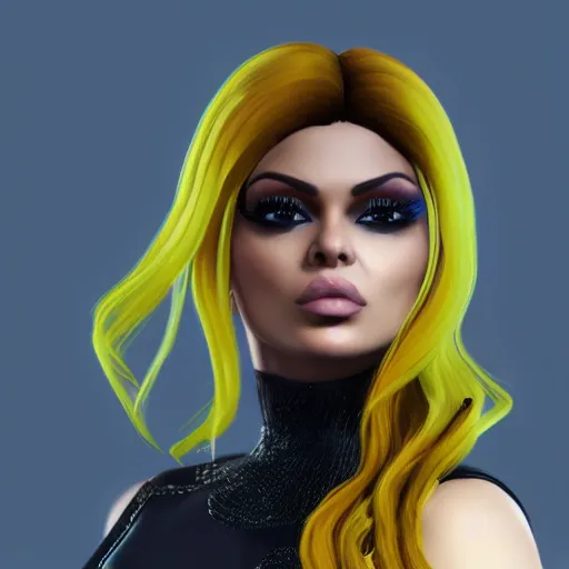 Image similar to portait of haifa wehbe, yellow hair, hd, centred, unreal engine, fortnite style