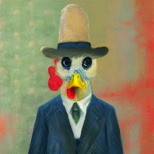 Image similar to a high quality photo of a chicken wearing a suit, impressionism, 8 k