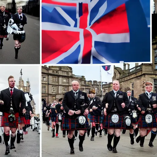 Prompt: English death squads lead by Liz Truss storm Edinburgh with Scottish people in kilts running in fear hyperrealistic 4k