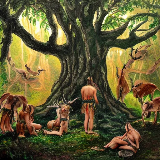 Prompt: detailed painting of druid ritual surrounding an ancient tree