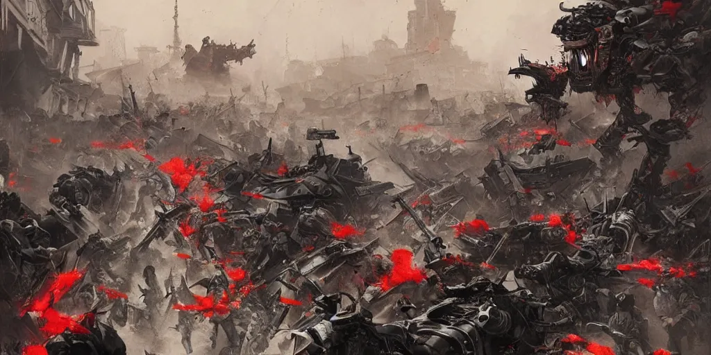 Prompt: demonic samurai robot slaughtering french soldiers and civilians in the interbellum paris, very detailed painting, concept art, intense heavy street battle, pile of bodies, a lot of blood on the streets, art by greg rutkowski and jakub rozalski