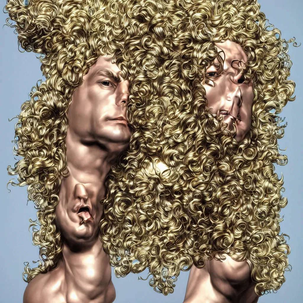 Prompt: an expensive obsidian gilded android showing off his long fluffy blond curly hair by Hajime Sorayama