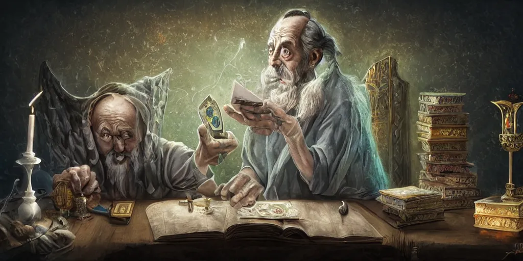 Image similar to wizened aristocrat examining the mysteries of tarot cards on a magical blackboard, background is magical blackboard with chalk,, fantasy art, matte painting, high quality, digital painting, artwork by tony sart