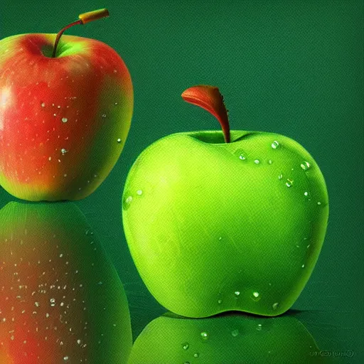 Prompt: delicious apple, fresh, water droplets, green, intricate, highly detailed, digital painting, artstation, concept art