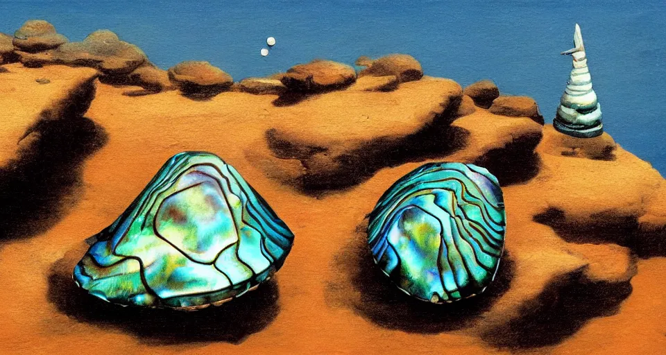 Prompt: oil painting of a tiny abalone seashell house on top of a rock, by roger dean, syd mead, cell shaded graphics, concept art, minimalist