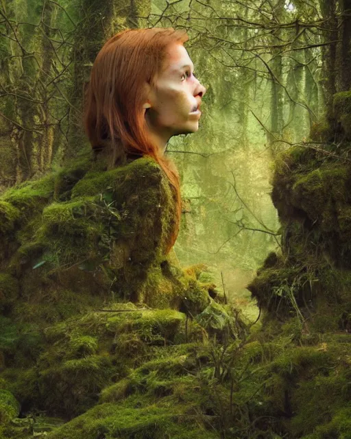 Image similar to a well - lit, realistic oil painting of a girl resembling a young, shy, redheaded irish alicia vikander or millie bobby brown in moss - covered ancient stone ruins at sunset, highly detailed, intricate, concept art, artstation, by donato giancola, ron cobb, and artgerm