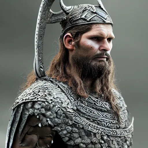 Image similar to of a viking from valhalla, wearing the horned helmet ultra fine detail, hair strands, ultra high resolution, fine texture detail, miniature painting techniques, perfect proportions, marvel cinematic universe, eric bana