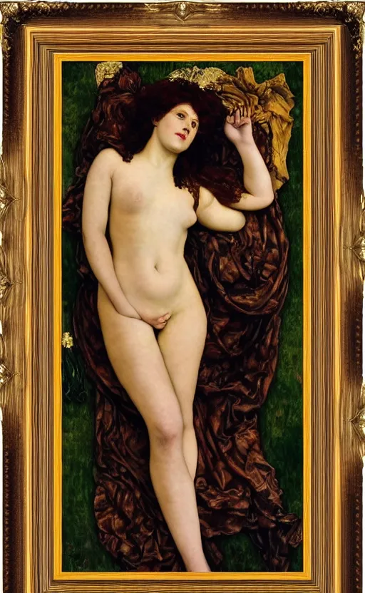 Prompt: preraphaelite full body reclining portrait photography masterpiece, facial features are a hybrid of judy garland and jo brand, thin aged 2 5, foreshortening, brown hair fringe, yellow ochre ornate medieval dress, william holman hunt, rosetti frederic leighton, ford madox brown, william morris and kilian eng background, framed, 4 k