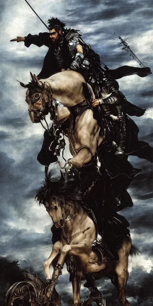 Prompt: spanish police arresting donquixote during a stormcloud with dramatic airbrushed clouds over black background by Luis royo and Caravaggio airbrush fantasy 80s, realistic masterpiece