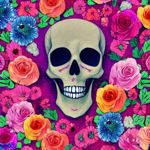 Prompt: skeleton with beutiful colours, flowers, with a ( layetonib ) written on it