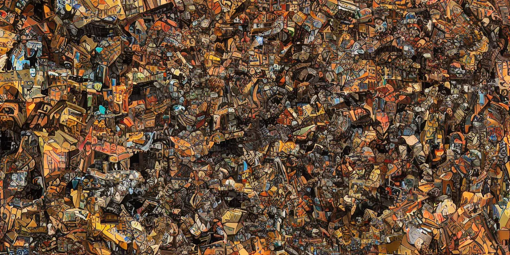 Prompt: escher style pattern of three point perspective, 3 6 0 panorama colorful kim jung gi characters with the texture of old rust and trash