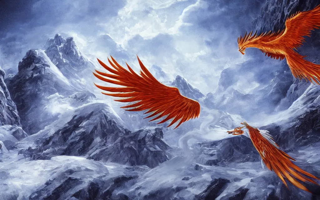 Prompt: game cg painting of a phoenix, a phoenix in a mountain range of ice and snow in nirvana