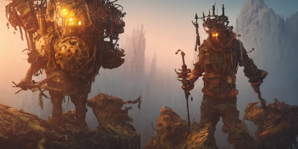 Image similar to woodsman wearing a steampunk and neonpunk mechanical fluorescent mystical animal mask in strange misty mountain landscape. fight with night monsters, night, realism in style of fornite game, 4 k, octane render, artwork by tooth wu and wlop and beeple and greg rutkowski, ambient occlusion, award winning photograph, epic cinematic shot