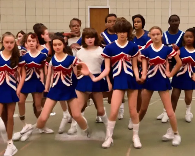 Image similar to eleven from stranger things dressed as a middle school cheerleader, practicing with the squad, cdx