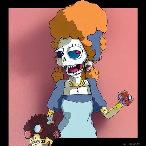 Image similar to manga fine details portrait of joyful skull girl, floeers in hair, marge simpson, skeleton. anime masterpiece by Studio Ghibli. 8k render, sharp high quality anime illustration in style of Ghibli, artstation