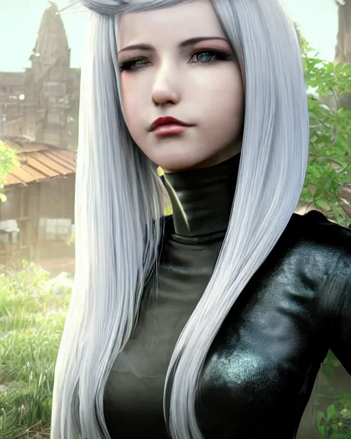 Image similar to tifa lockhart with white hair, beautiful face, garden, utopian city, solarpunk, perfect, attractive, illuminated, ultra realistic, atmosphere, cinematic, artstation, highly detailed, art by blair armitage and seunghee lee