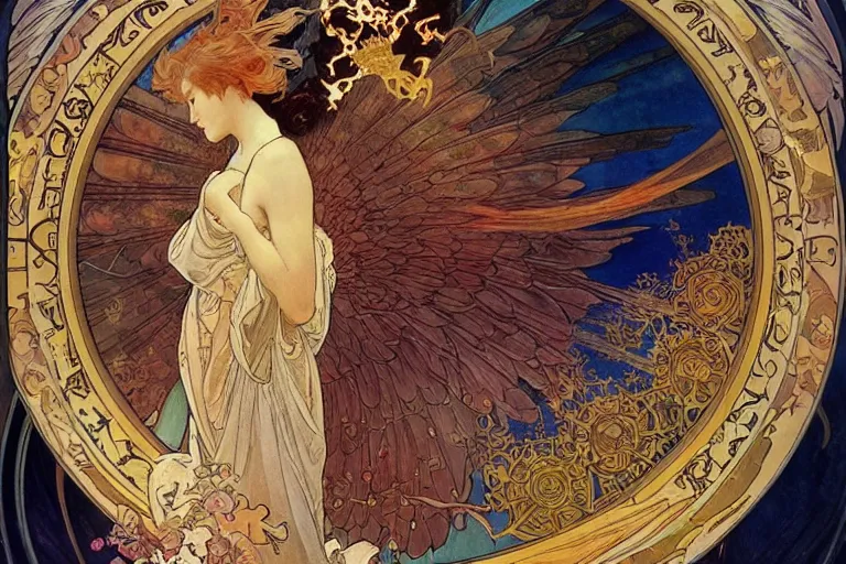 Prompt: glorious beautiful painting of Japanese female angel with flaming sword and golden wings, heavenly background and heavenly light, feminine figure, by James Jean and Alphonse mucha, Neo-Gothic, gothic, Art Nouveau, rich deep moody colors