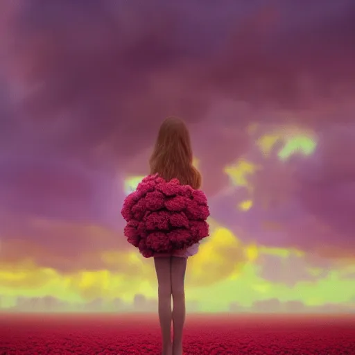 Image similar to head made of carnations flower, girl standing in a vast flower field, surreal photography, sunrise dramatic light, impressionist painting, colorful clouds, large sky, digital painting, artstation, simon stalenhag, flower face