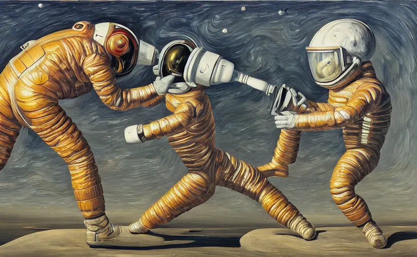 Image similar to Oil painting of two man astronauts wearing helmet fighting each other by Lucian Freud, Abstract brush strokes, Masterpiece, Edward Hopper and James Gilleard, Zdzislaw Beksinski, Mark Ryden, Wolfgang Lettl highly detailed, hints of Yayoi Kasuma