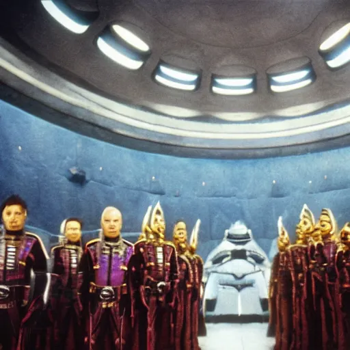 Prompt: Jodorowsky's Dune movie, cinema still, emperor's throne room with guards, faces in focus, colorful uniforms, wide angle, cinestill 400t film