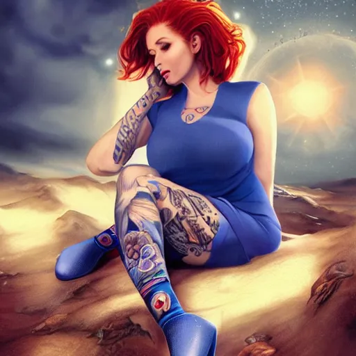 Prompt: a full body portrait of a beautiful tattooed redhead woman sitting, with a gun, a planet in the background. blue tight dress, light iridescent color, long windy hair style, fantasy, realistic, intricate, sharp focus, lens flare, bloom, rim light, illustration, highly detailed, digital painting, concept art, matte, art by ruan jia