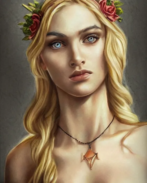 Image similar to realism tattoo sketch of a beautiful blonde woman as a beautiful greek goddess aphrodite with piercing eyes wearing a laurel wreath and triangle earrings, in the style of greg rutkowski, amazing detail