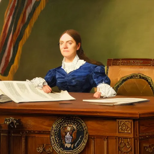 Image similar to official close - up portrait of liz truss in racoon city, alexandria ocasio - cortez, resolute desk, 1 8 4 8, oil on canvas by william sidney mount, trending on artstation, national archives,