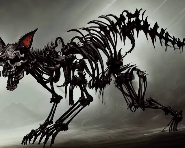 Prompt: an epic action concept masterpiece of demented skeletal cat, inspired by sd ai, digital art, horrific cinematic lighting, 4 k