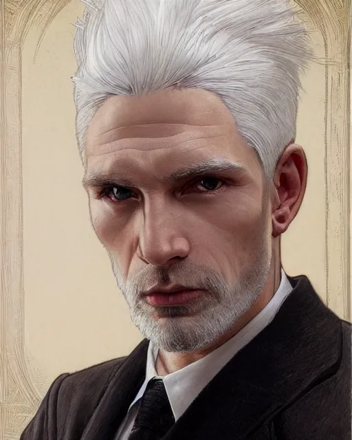 Prompt: portrait of 4 0 - year - old man with white hair with a pale complexion, pointed face and grey eyes, clear smooth face, no beard wearing black suit, hyper realistic face, beautiful eyes, close up, fantasy art, in the style of greg rutkowski, intricate, alphonse mucha, hyper detailed, smooth