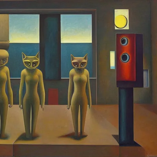 Image similar to three brutalist feline robots portrait, grant wood, pj crook, edward hopper, oil on canvas