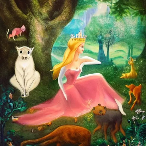 Image similar to A beautiful body art of Princess Aurora singing in the woods while surrounded by animals. She looks so peaceful and content in the company of the animals, and the colors are simply gorgeous. by Victor Adame Minguez, by Alice Rahon