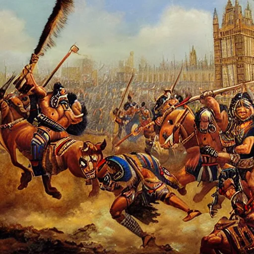 Image similar to oil painting of aztec warriors sacking london