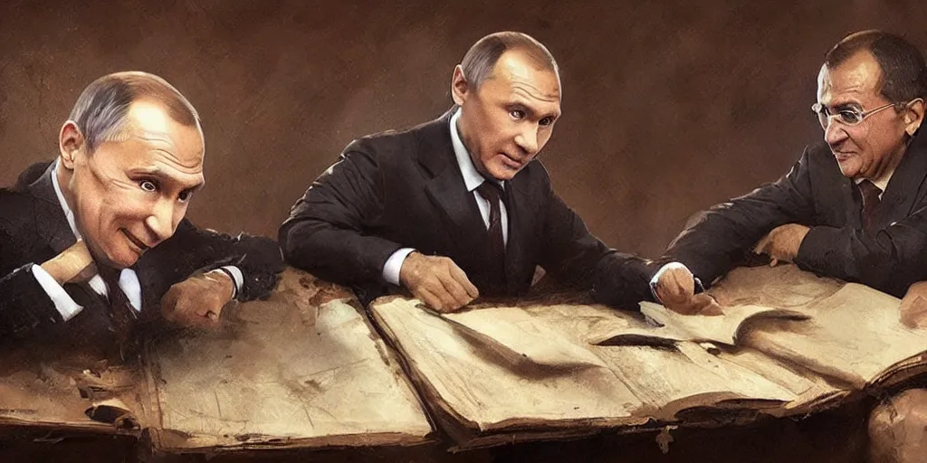 Image similar to picture vladimir putin play with serghei lavrov as a puppet marionete, painting by greg rutkowski