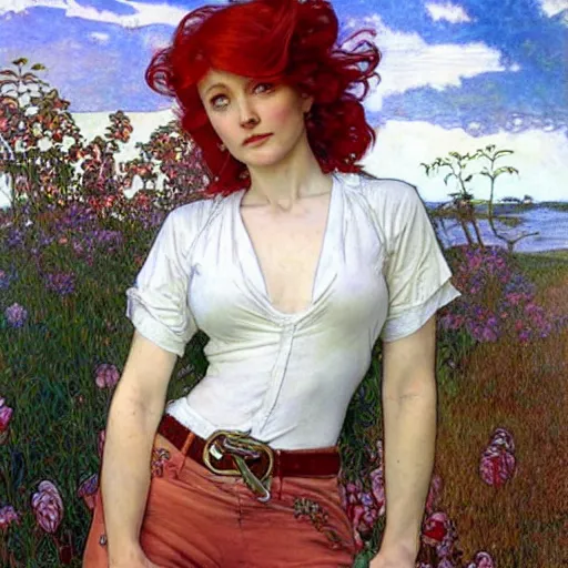 Prompt: A woman with red hair and long pixie haircut in shorts and white shirt drawn by Donato Giancola and Jon Foster, Frank Frazetta, Alphonse Mucha, background by James Jean and Gustav Klimt, French Nouveau